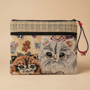 Handmade Woven Cat Designer Pouch with Dual Zip (22 x 18 cm)