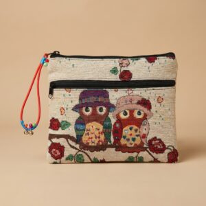 Handmade Woven Dual Owl Designer Pouch with Dual Zip (22 x 18 cm)