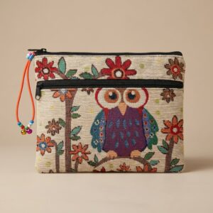 Handmade Woven Owl Designer Pouch with Dual Zip (22 x 18 cm)
