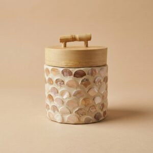 Handcrafted Bamboo Round Storage Jar with Seashell Mosaic Design (10 x 9 cm)