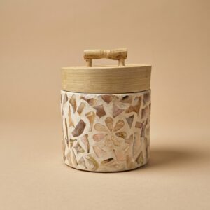 Handcrafted Round Bamboo Storage Jar with Floral Mosaic Design (10 x 9 cm)