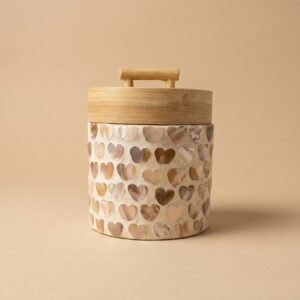 Handcrafted Bamboo Storage Jar with Heart-Shaped Seashell Mosaic Design (10 cm x 9 cm)