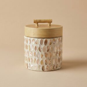 Handcrafted Bamboo Storage Jar with Oval Seashell Inlay Design (10 cm x 9 cm)