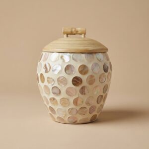 Handcrafted Mother of Pearl Mosaic Bamboo Storage Jar with Round Seashell Inlay Design (12 x 11 cm)