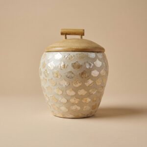 Handcrafted Mother of Pearl Mosaic Bamboo Storage Jar with Wooden Lid (12 x 11 cm)