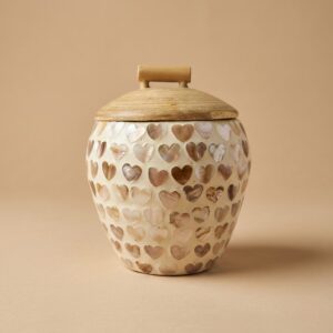 Handcrafted Seashell Heart Shape Bamboo Storage Jar with Wooden Lid (12 x 11 cm)