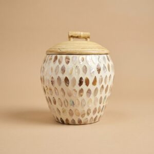 Handcrafted Seashell Mosaic Bamboo Storage Jar with Oval Seashell Inlay Design (12 x 11 cm)