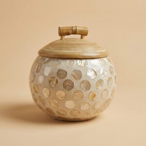 Handcrafted Round Seashell Mosaic Bamboo Storage Jar with Wooden Lid (11 x 13 cm)