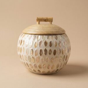 Handcrafted Seashell Mosaic Bamboo Storage Jar with Oval Seashell Inlay Design (11 x 13 cm)